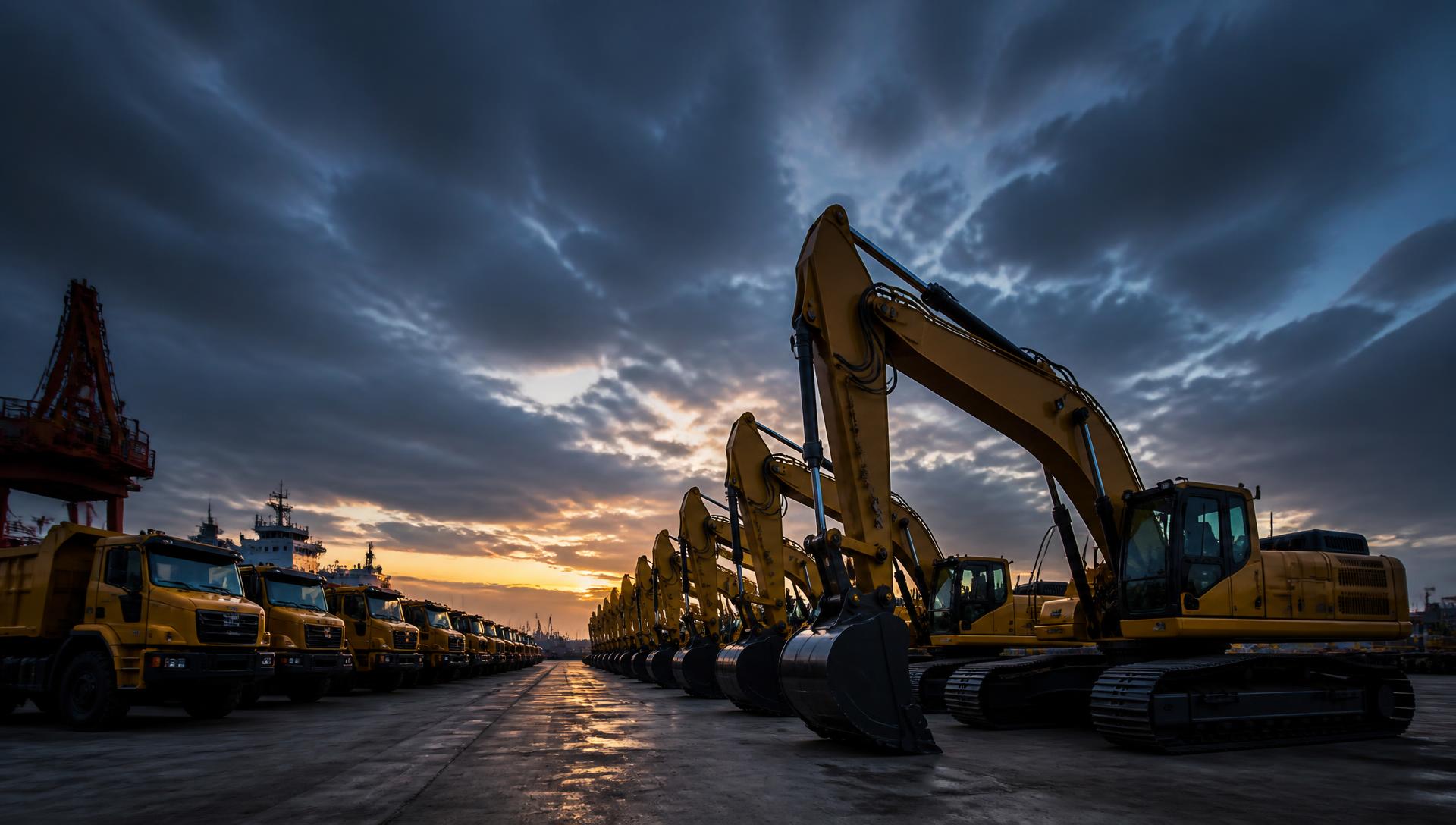 Excavators and dump trucks lined up in an export yard